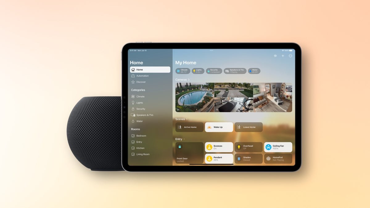 HomePad 正面视图,屏幕显示家庭 App 界面