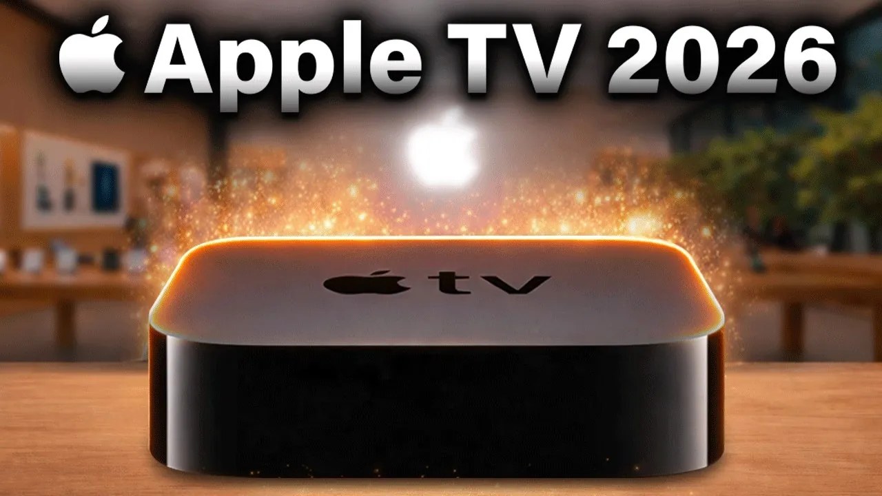 客厅场景中的 Apple TV 与电视上的智能家居界面