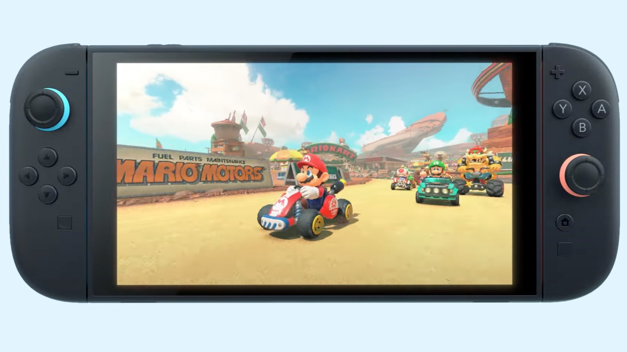 玩家手持 Switch 掌机游玩马力欧卡丁车赛车游戏