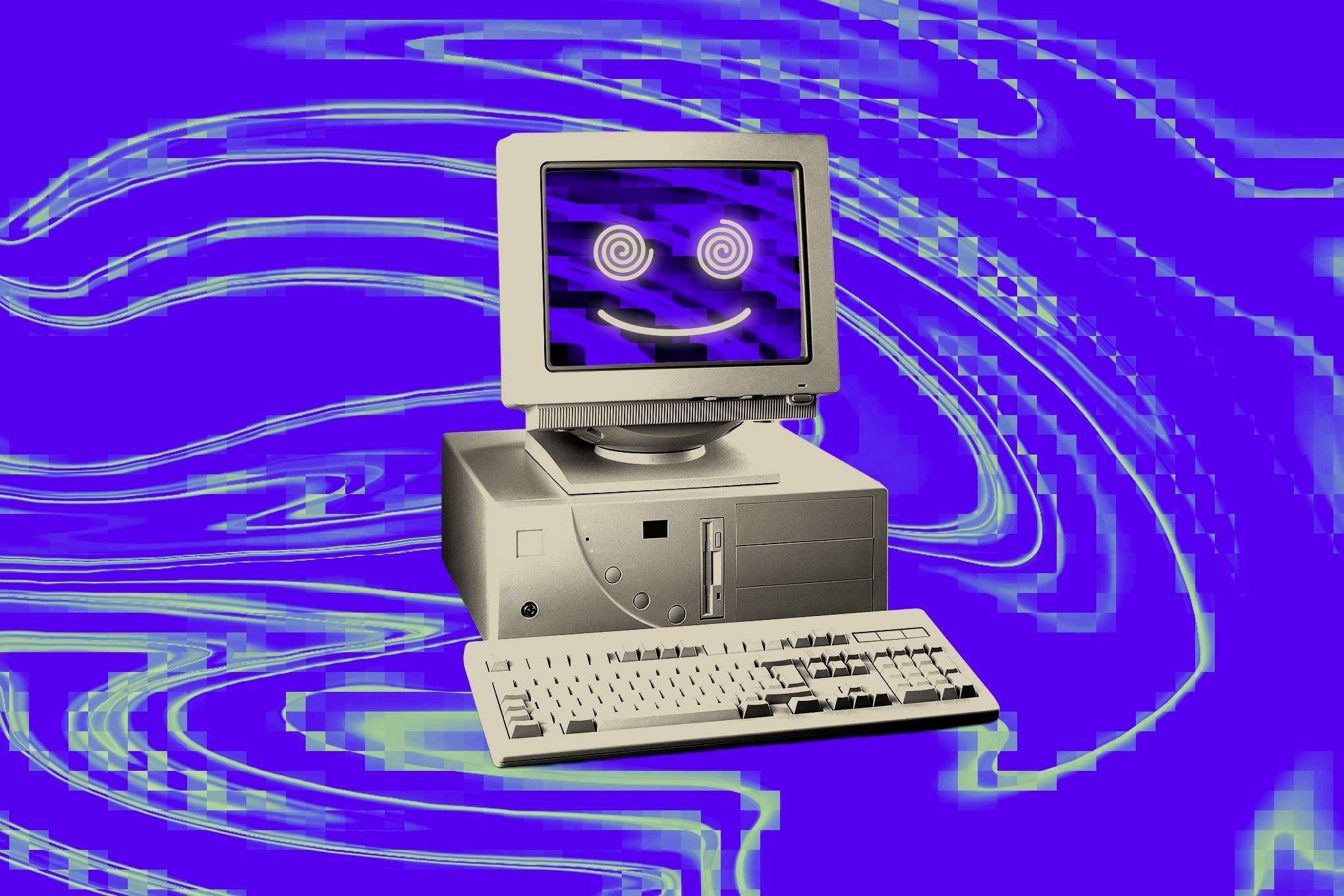 复古电脑屏幕显示笑脸的 AI 概念插画