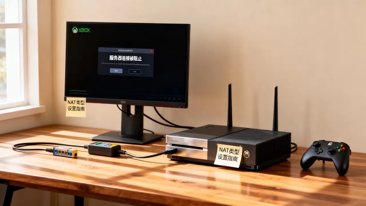 显示器与网线连接的 Xbox 联机环境