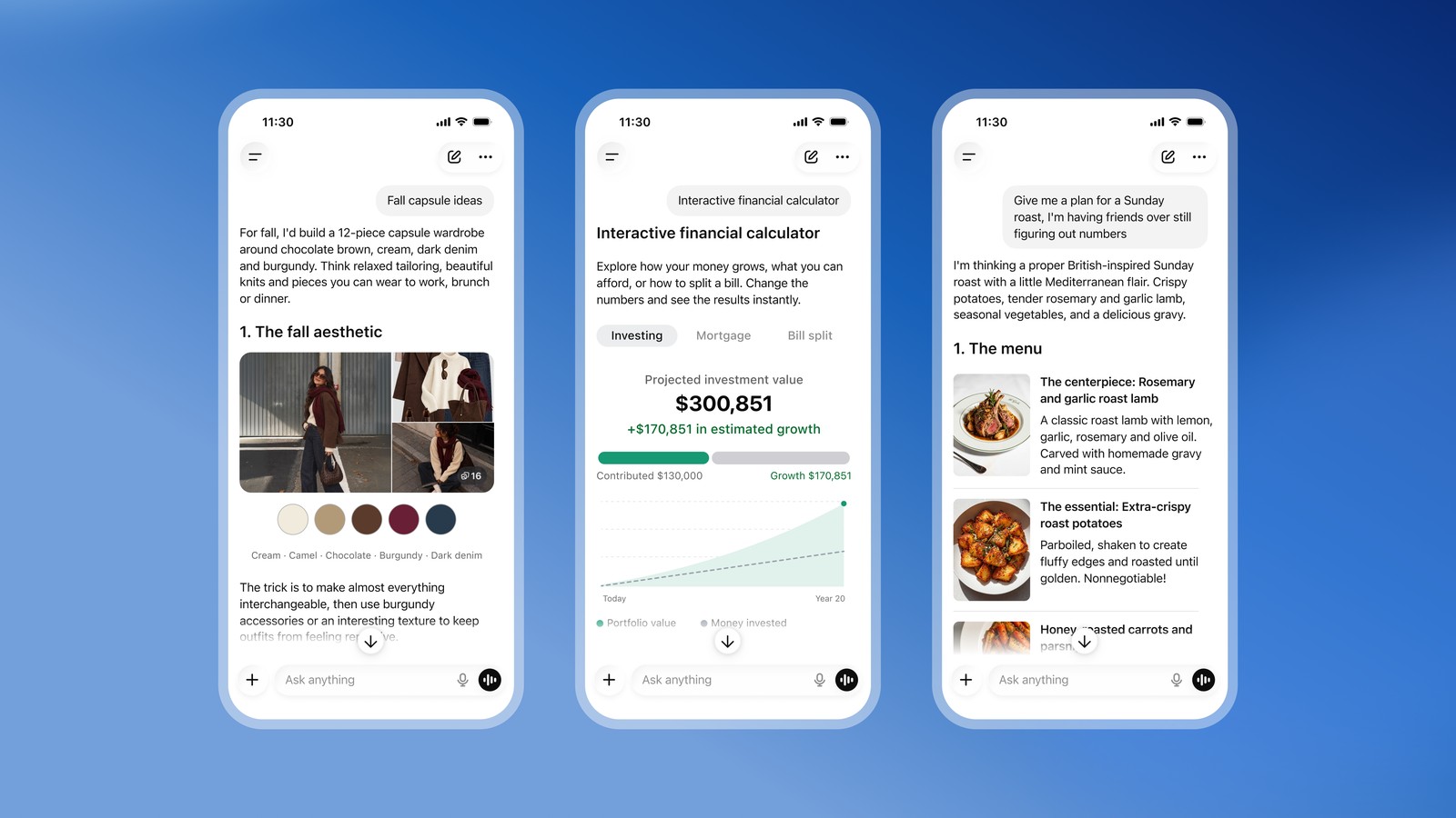 ChatGPT Intelligent UI 官方三联演示:穿搭配色、交互式理财计算器与菜谱卡片