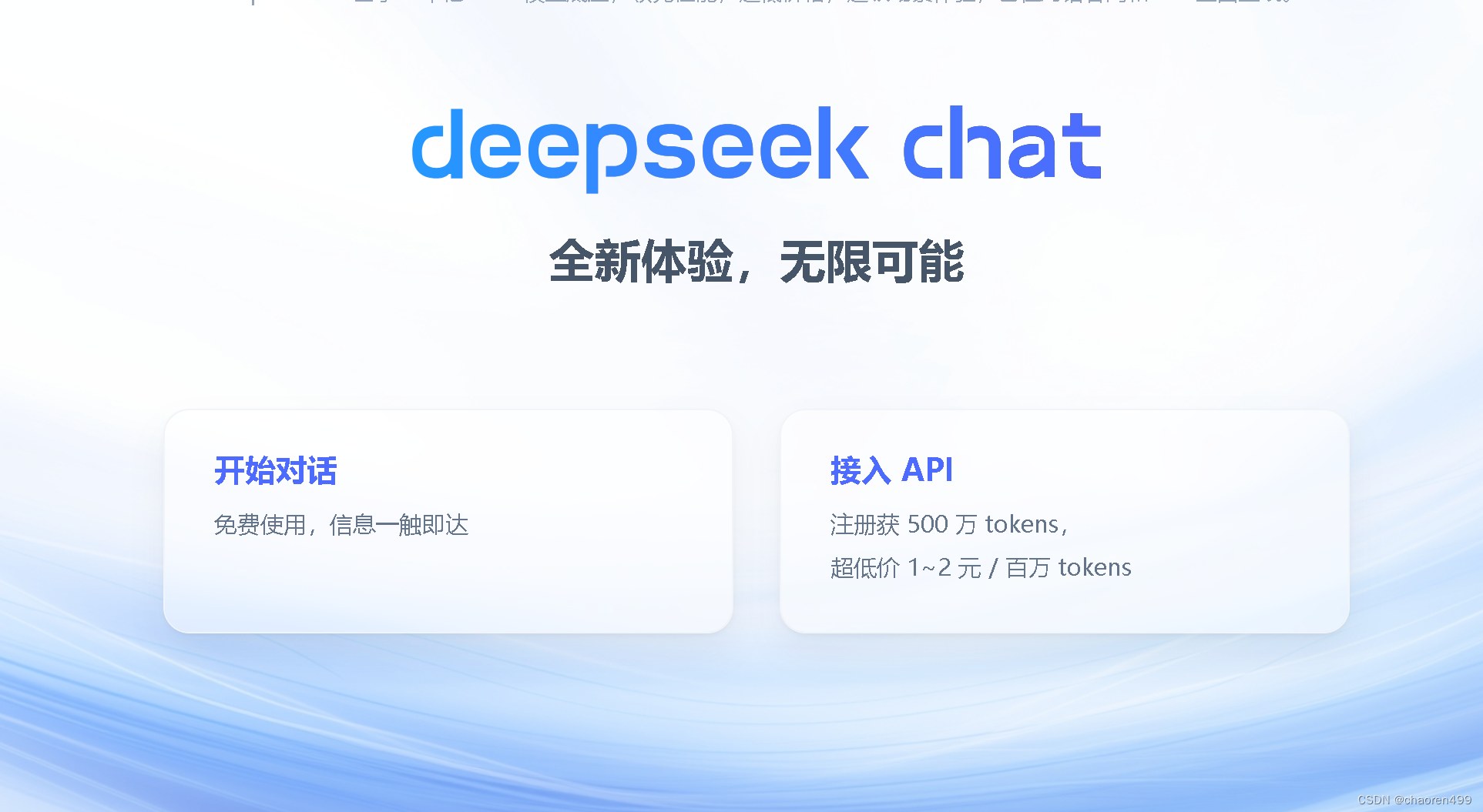DeepSeek chat 官网横幅:全新体验无限可能、开始对话与接入 API