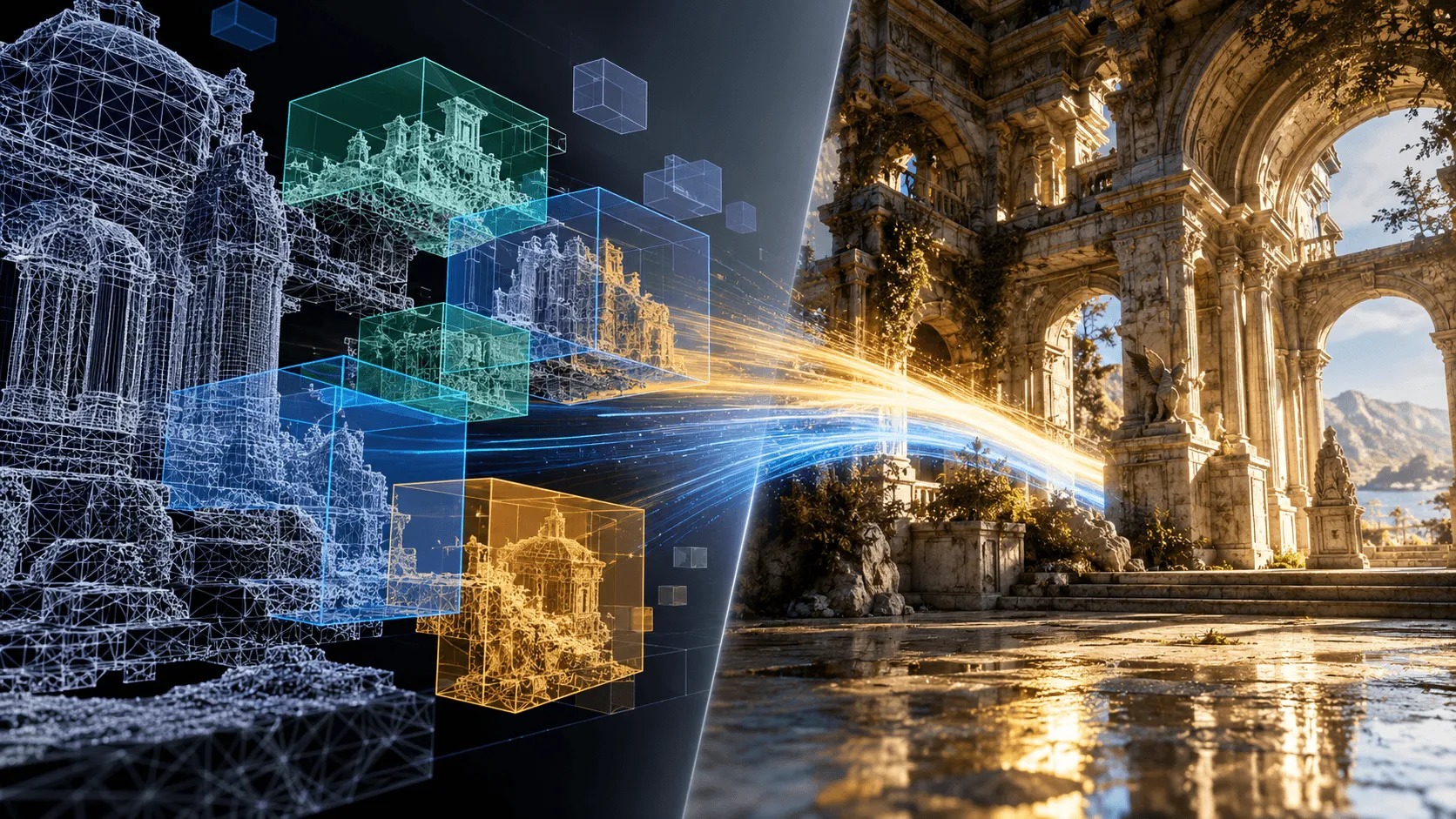 DirectX 集群几何体原理示意,左侧线框集群包围盒对应右侧光追成品画面