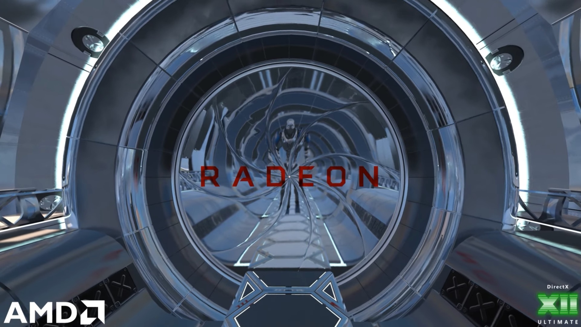 AMD Radeon 光线追踪演示画面,金属通道内高度真实的反射效果