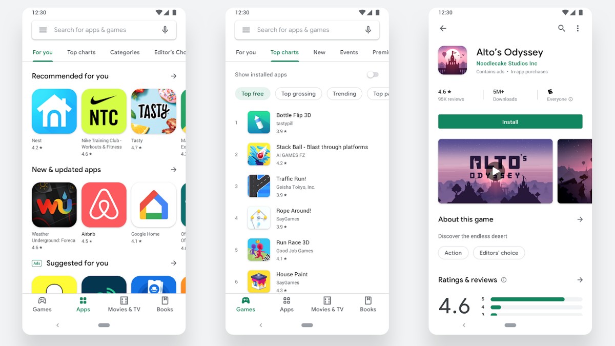 Google Play 商店应用列表与应用详情页界面