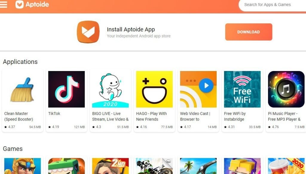 Aptoide 第三方应用商店网页版的应用目录页面