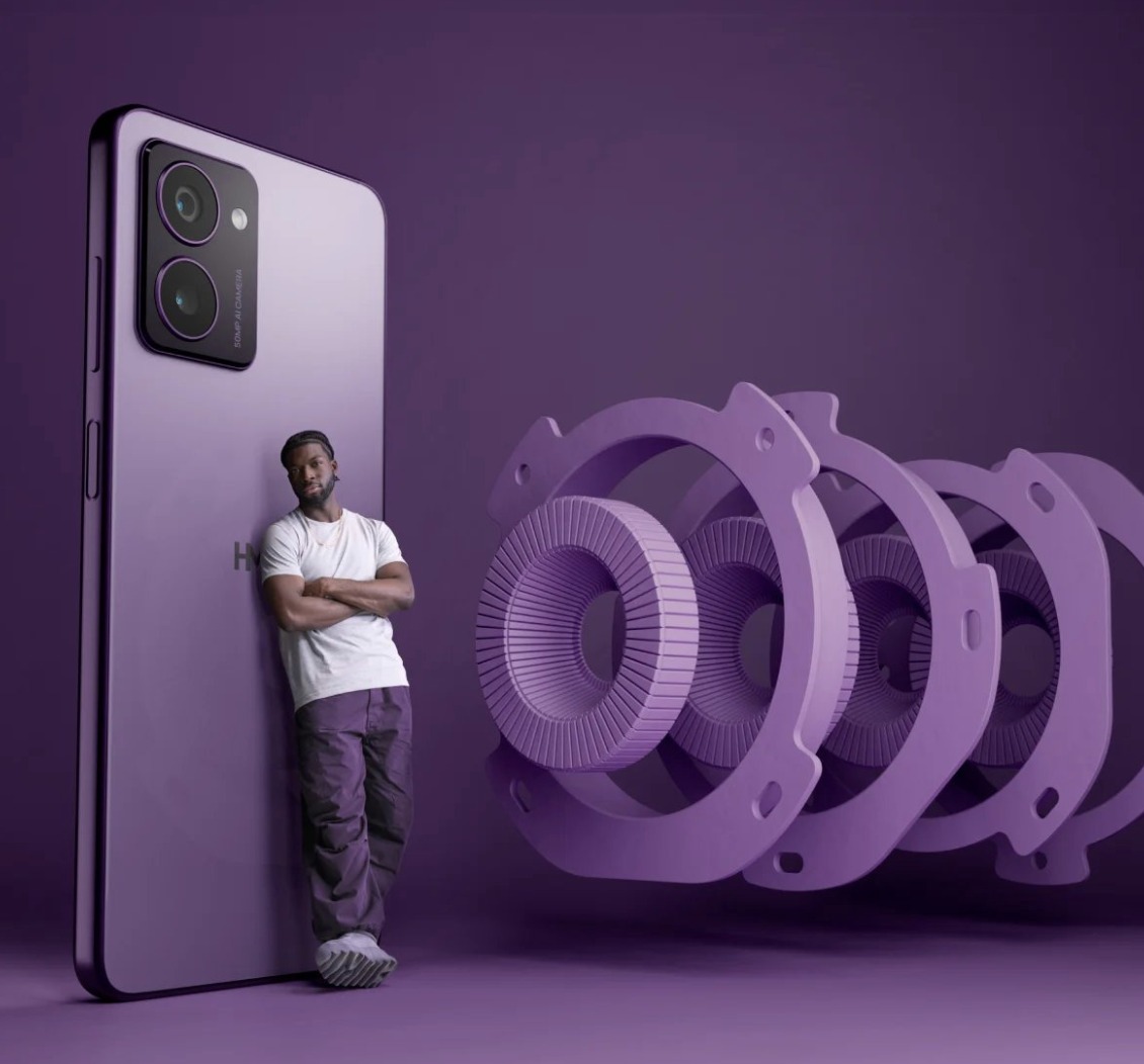 HMD 手机宣传图,紫色机身与摄影配件出镜