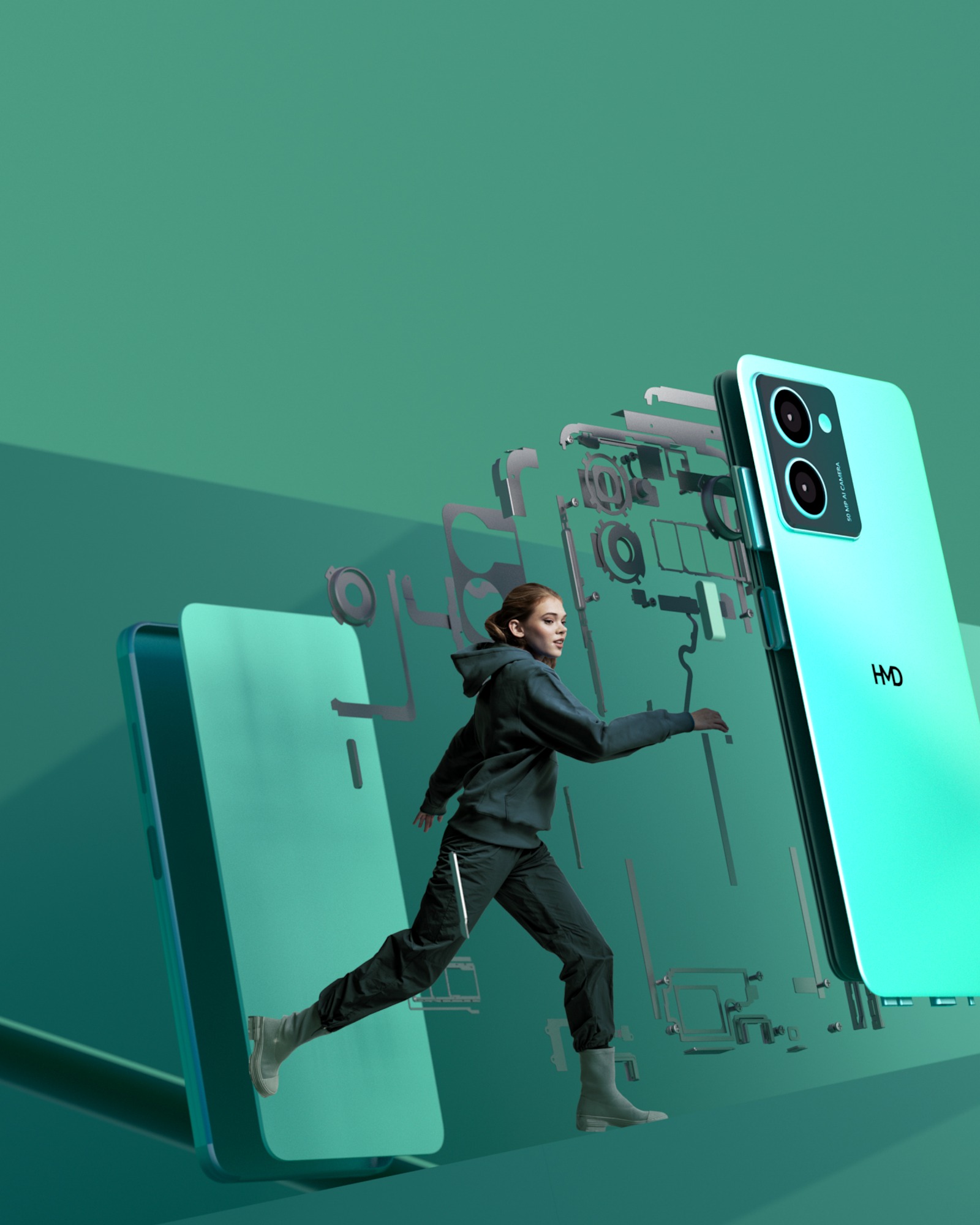 HMD 手机整机拆解结构展示,绿色机身部件分离