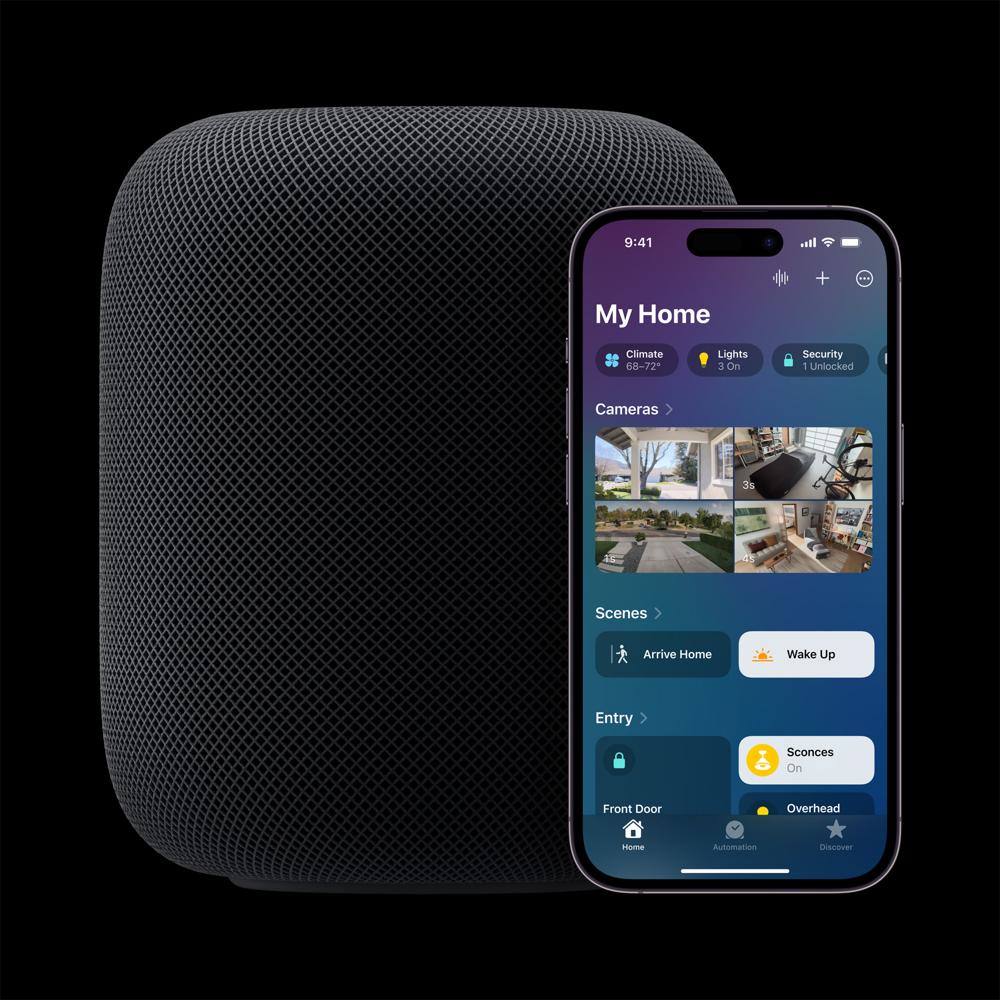 HomePod 2 与显示家庭 App 界面的 iPhone 官方渲染图