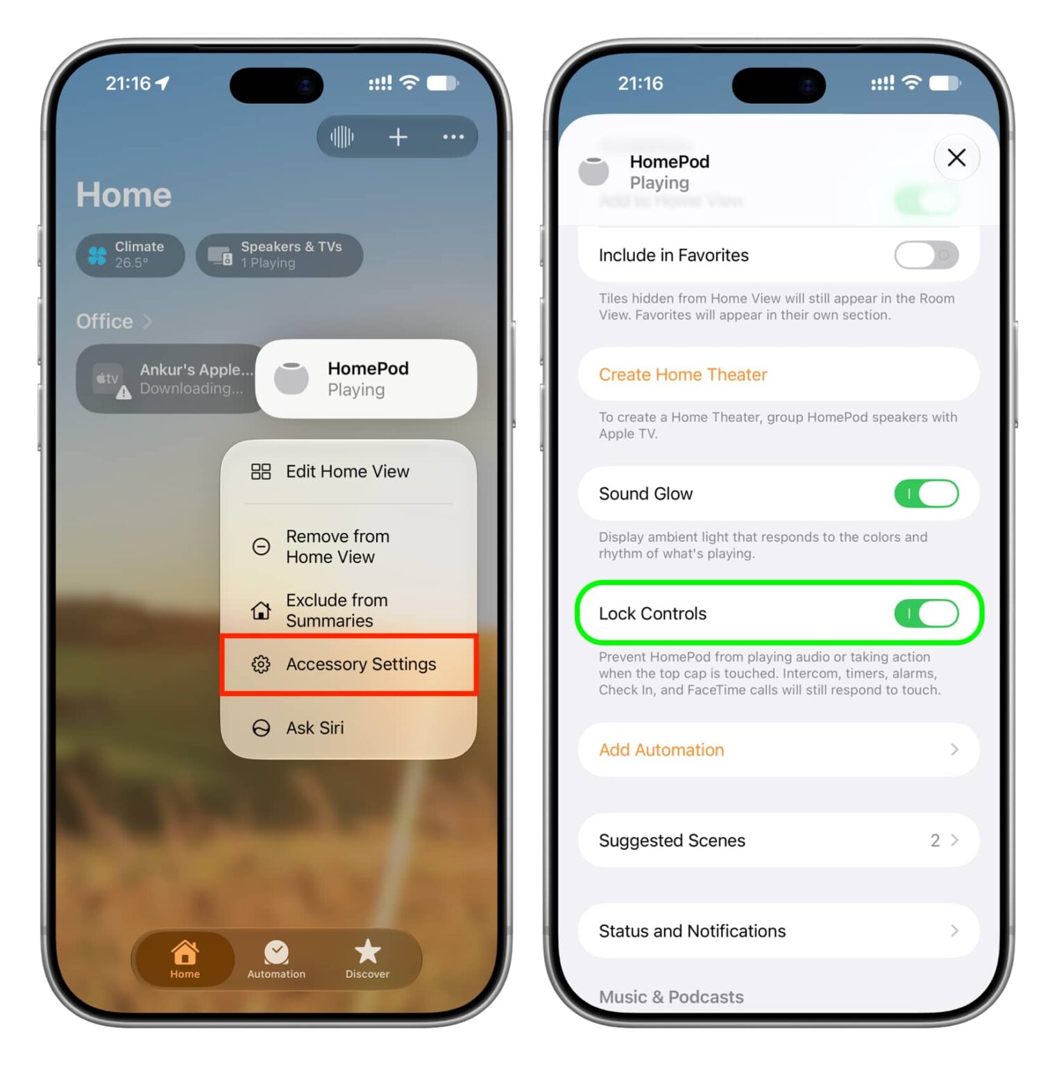 家庭 App 中长按 HomePod 弹出的菜单与锁定控制开关设置页