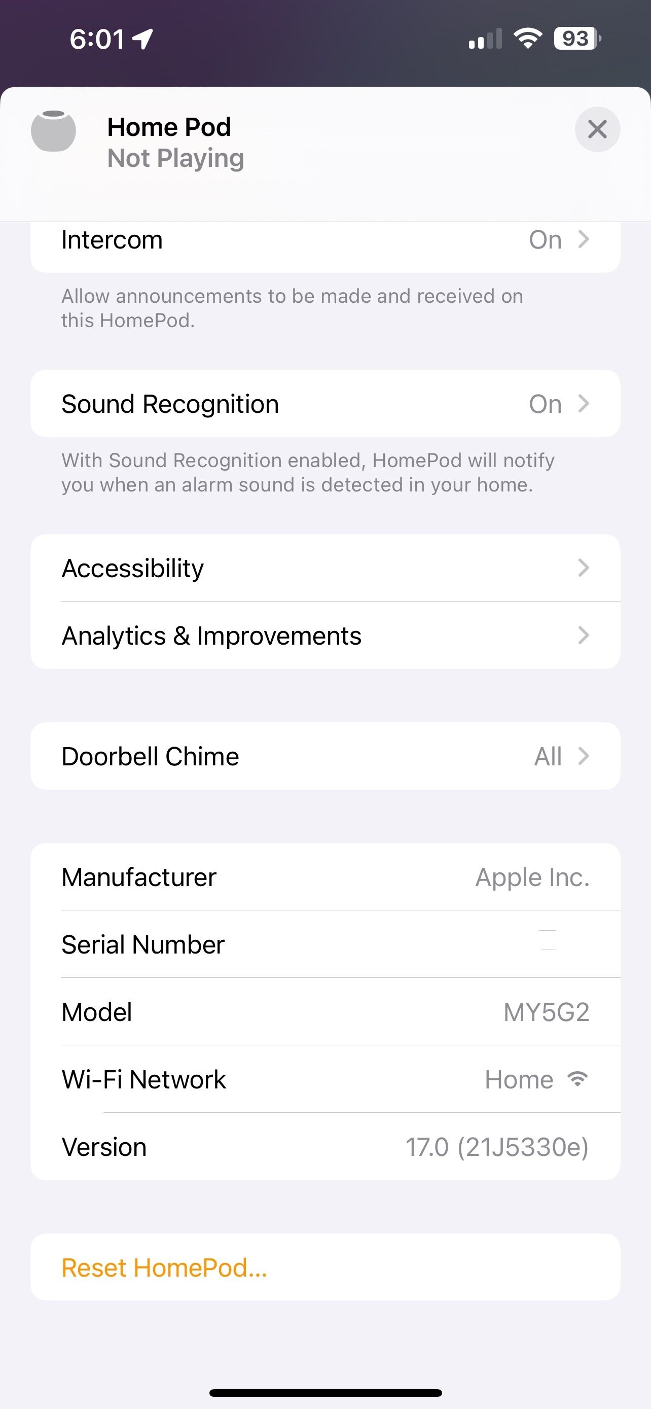 iPhone 家庭 App 中 HomePod 的配件设置页面