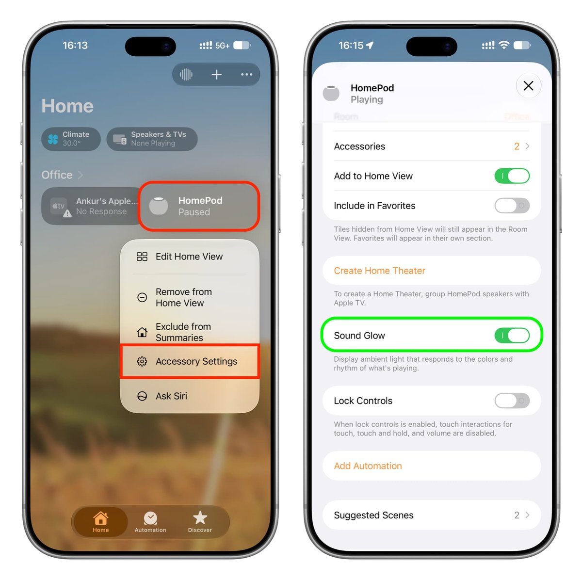 iPhone 家庭 App 中 HomePod 声音光晕开关截图