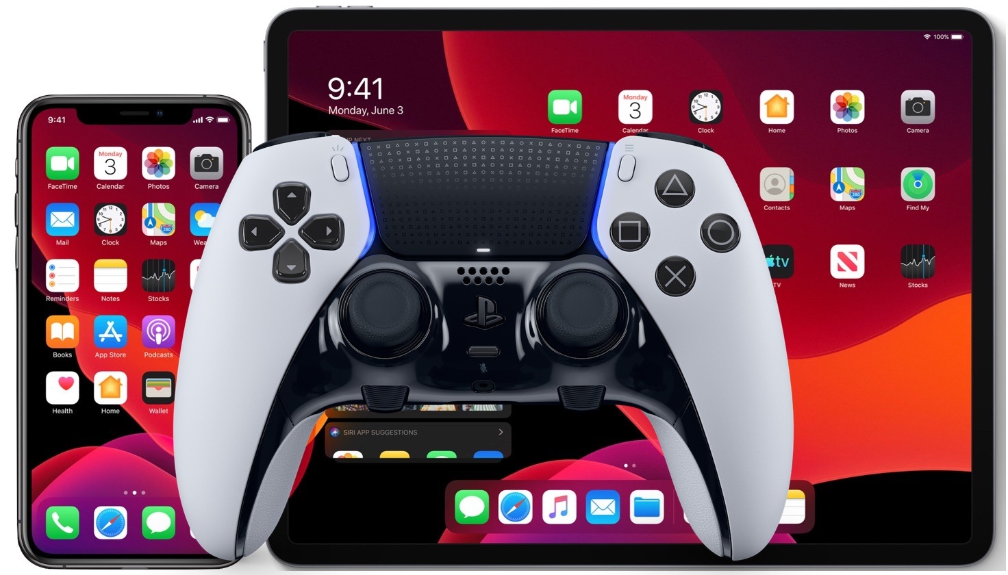 iPhone、iPad 与 PS5 DualSense 手柄的设备组合图