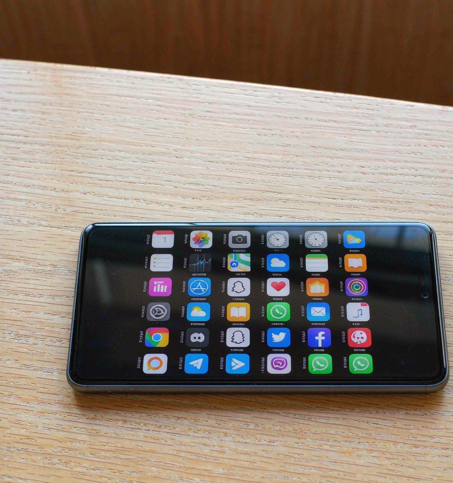 桌面上平放的 iPhone 显示满屏应用图标