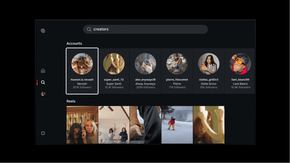 Instagram 电视版主界面截图,顶部 Stories 快拍栏与 For you 推荐网格