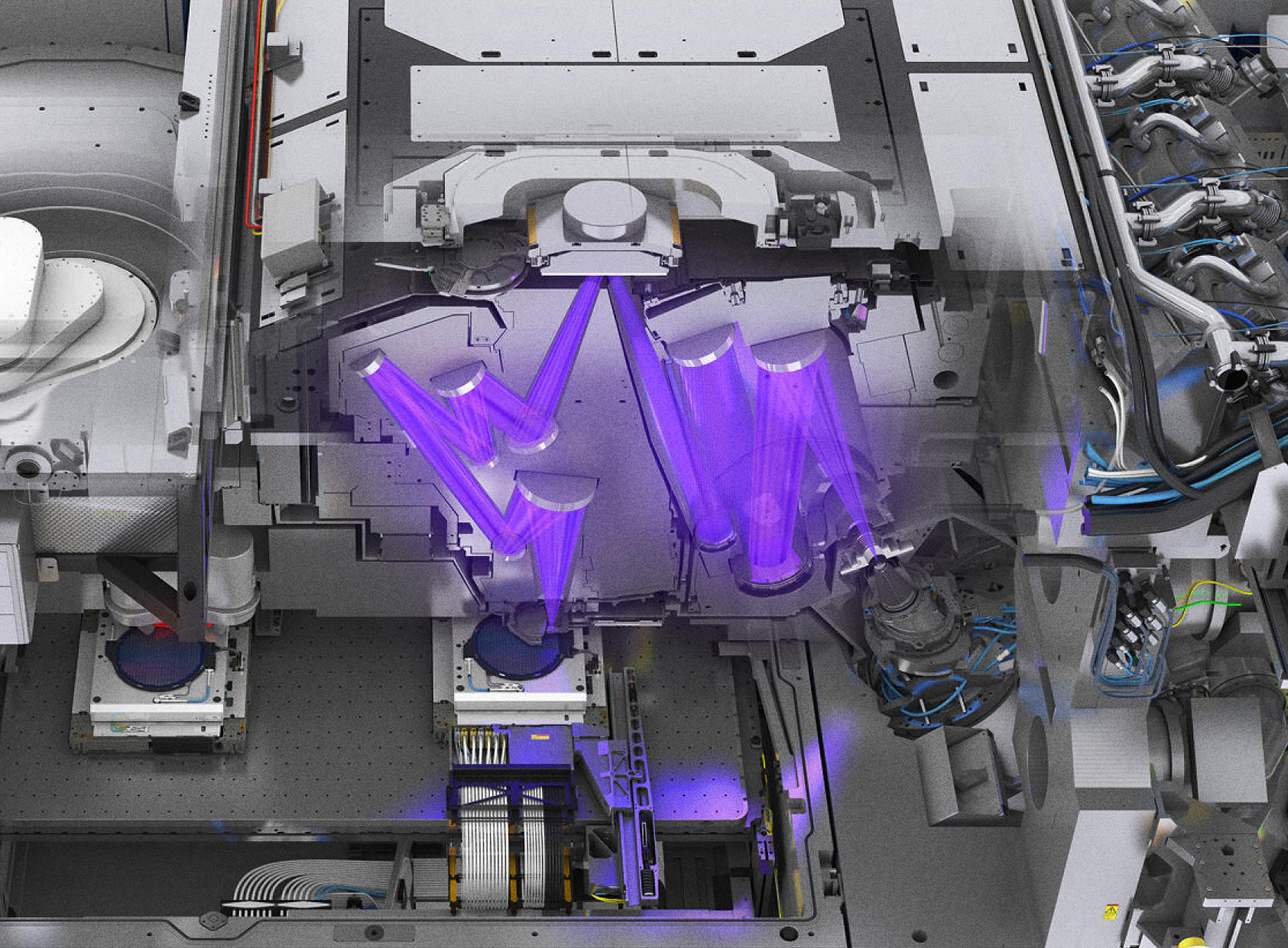 EUV 光刻机内部结构透视,紫色激光光路贯穿庞大机身