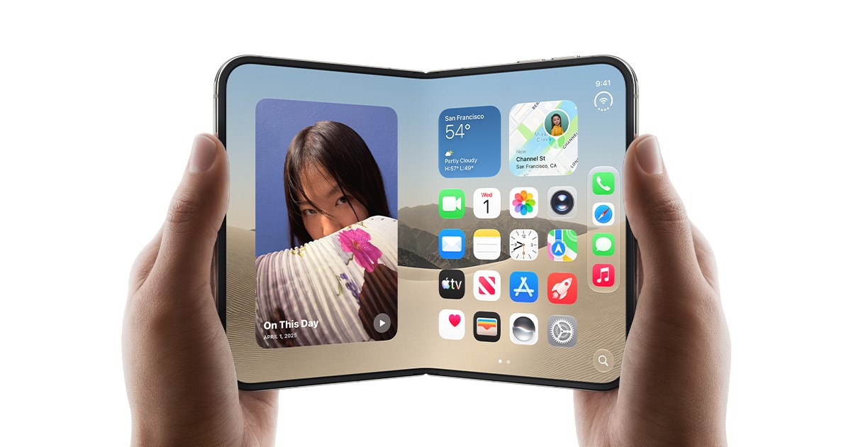 iPhone Duo 折叠屏展开后双屏同时显示内容的官方渲染图