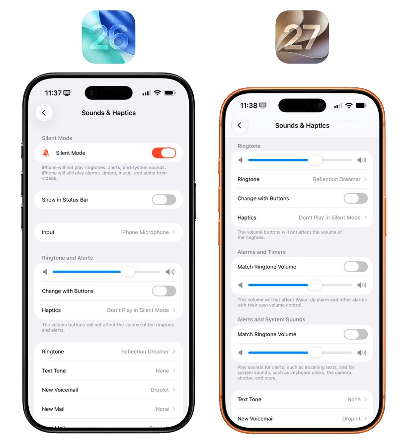 iOS 26 与 iOS 27 的声效与触感反馈设置对比