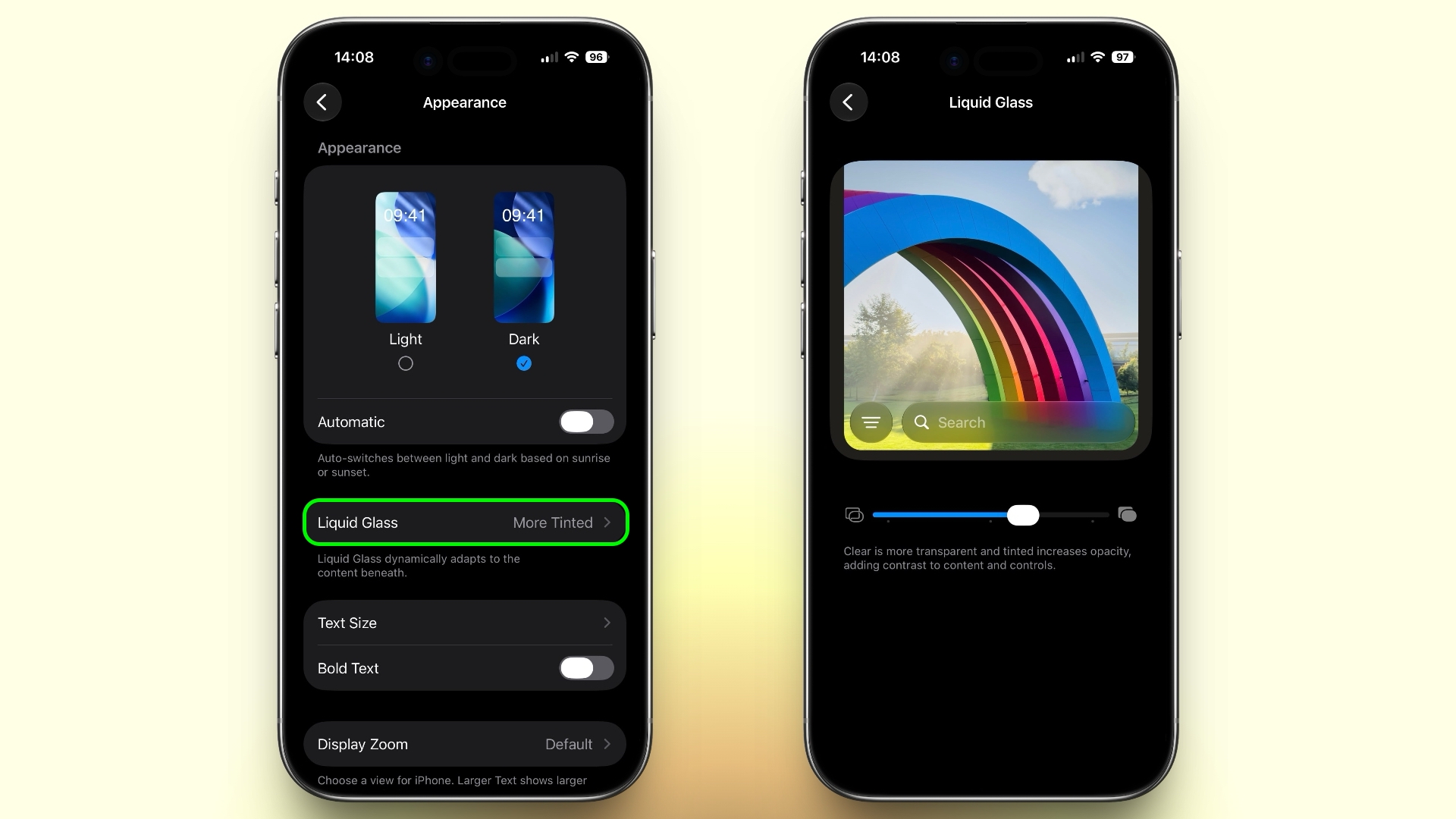 iOS 27 的 Liquid Glass 透明度设置界面