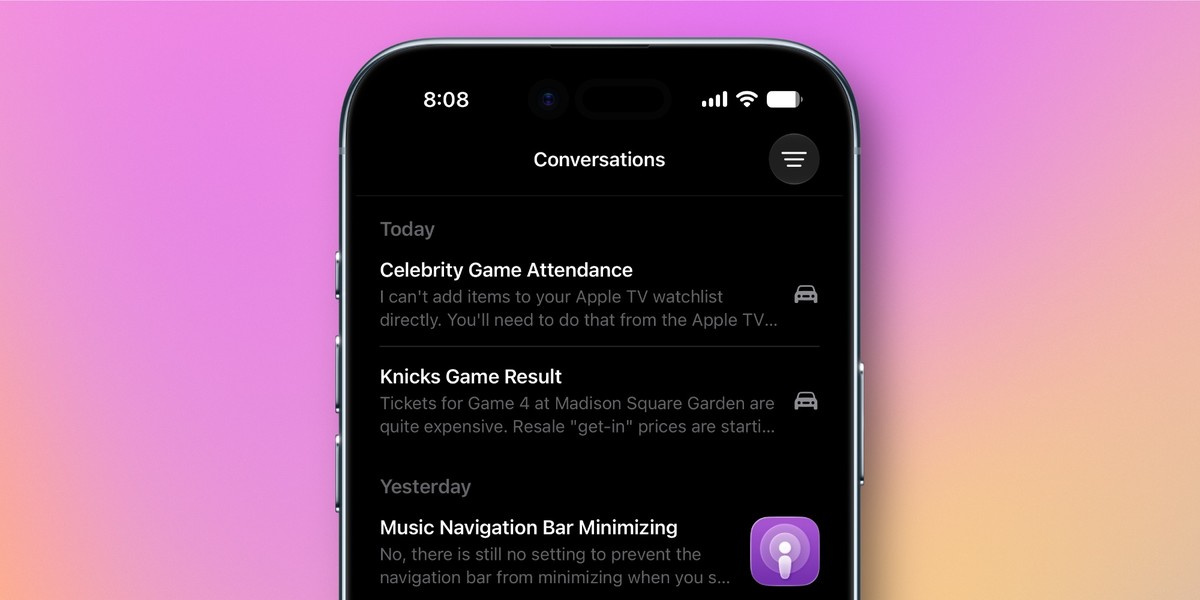 iPhone 上的 Siri 应用显示来自 CarPlay 的对话记录