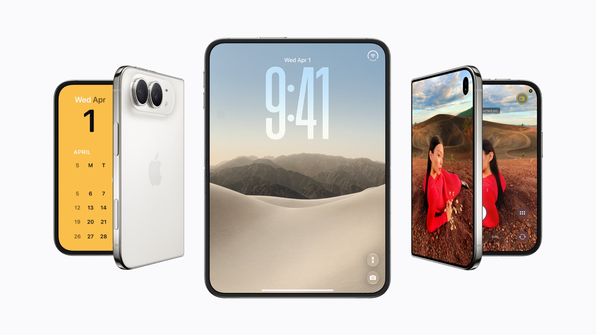 展开的 iPhone Duo 与两台传统 iPhone 的尺寸对比展示