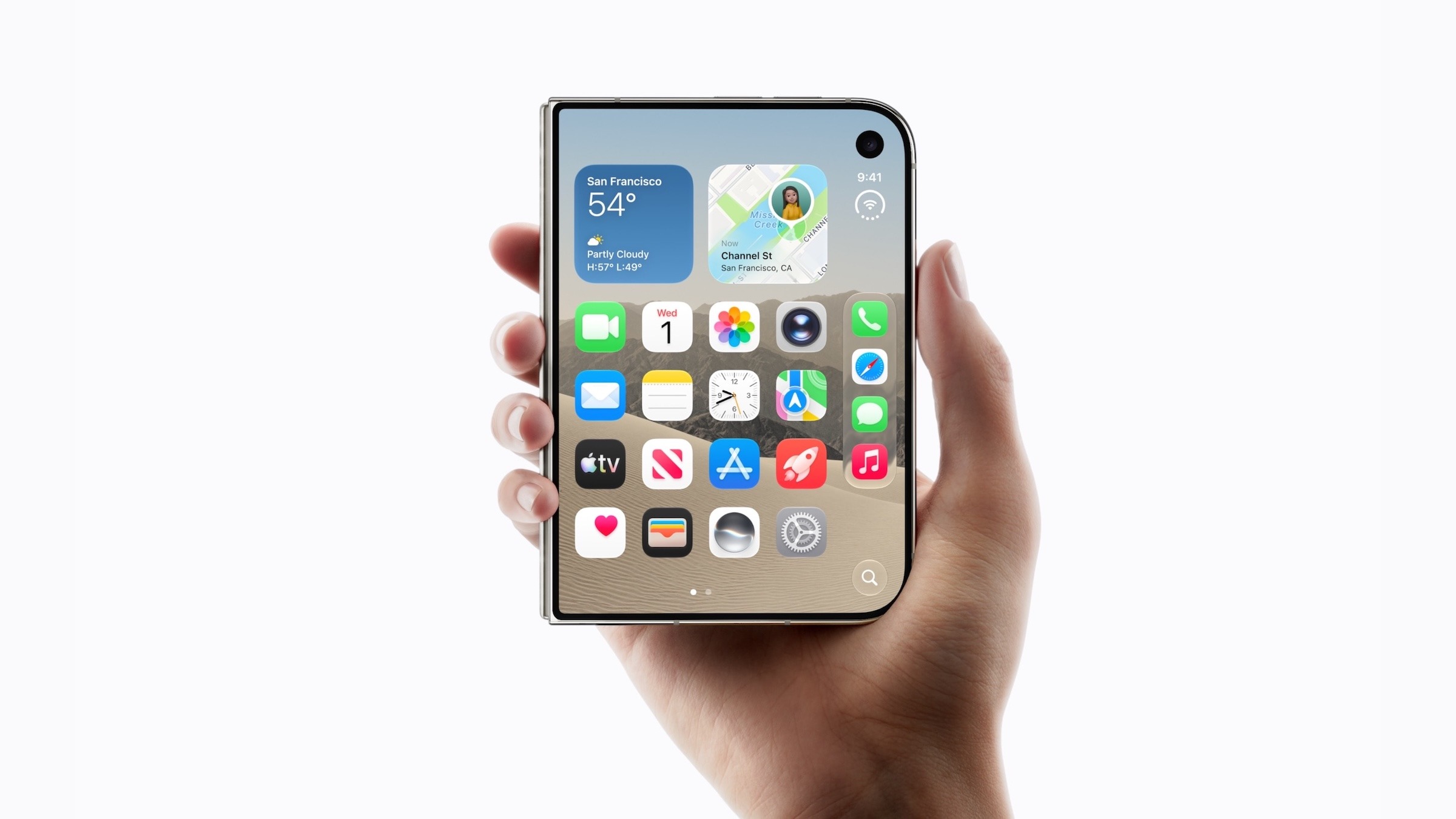 单手握持折叠态 iPhone Duo 官方渲染图
