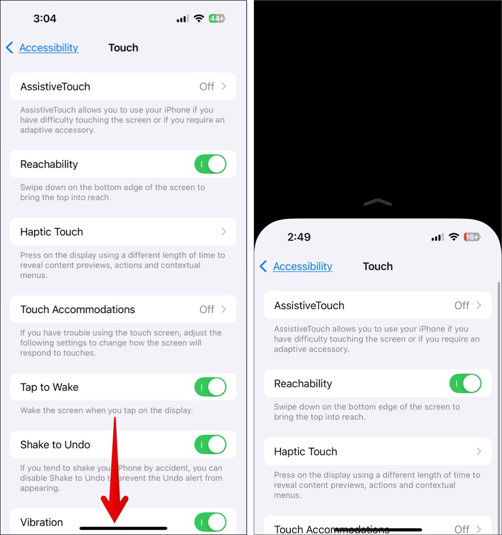 iOS 辅助功能触控设置中的单手模式开关