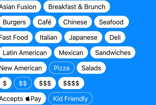 地图 App 的搜索筛选面板:美食类型、价格区间与「支持 Apple Pay」