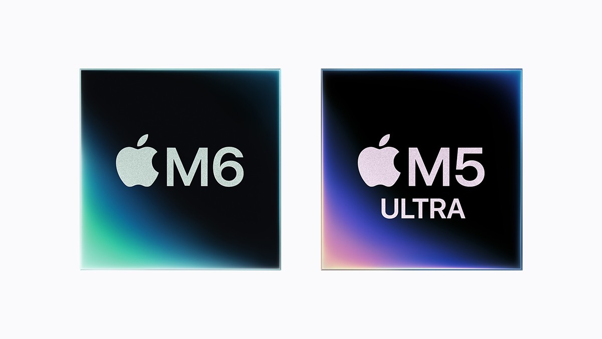 M6 与 M5 Ultra 两颗芯片的官方徽标,左为 M6、右为 M5 Ultra