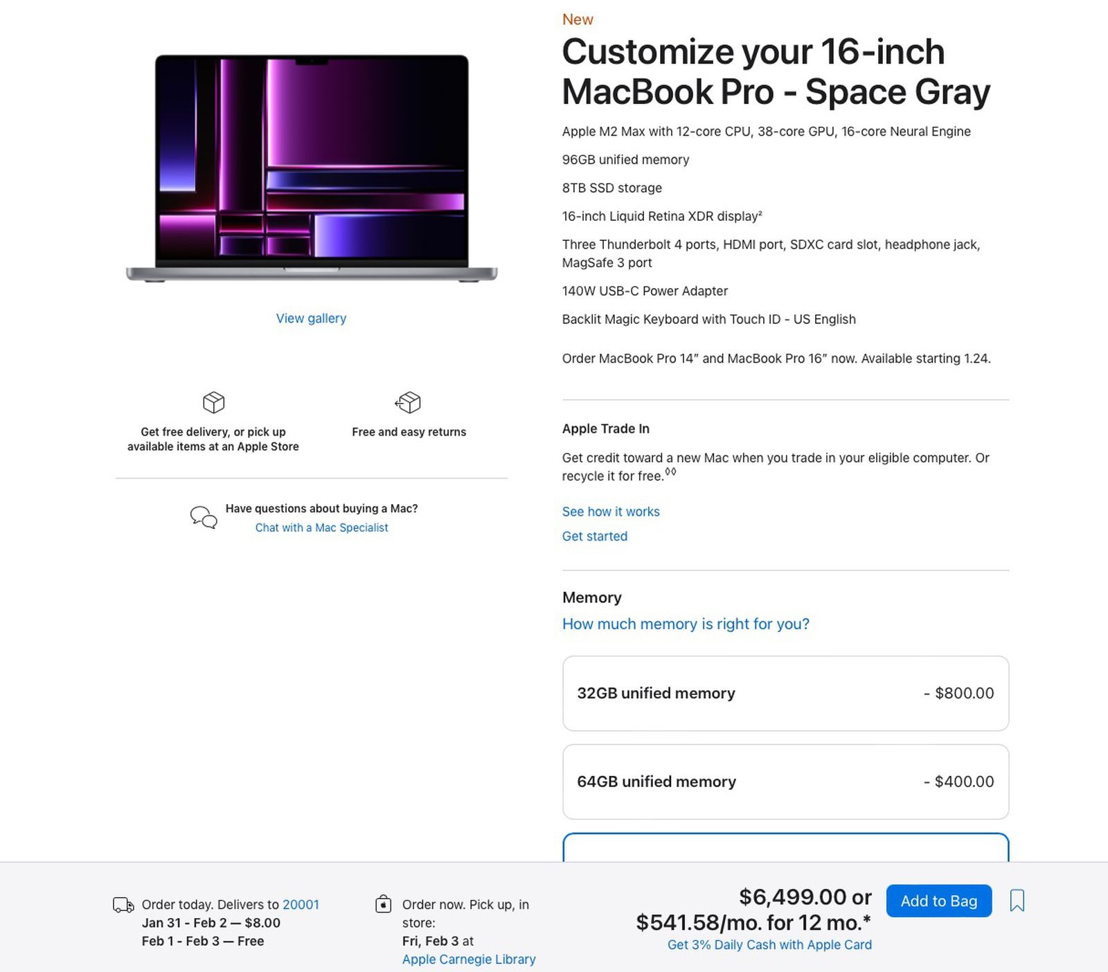 苹果官网 16 英寸 MacBook Pro 选配页面,展示内存与存储升级价格