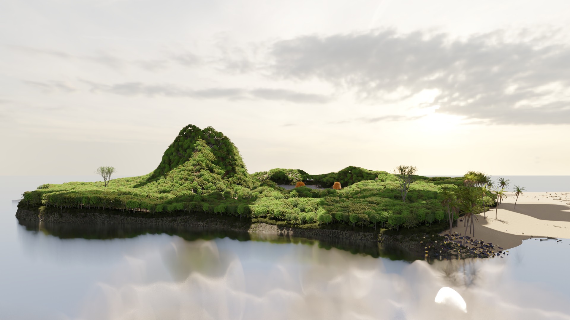 一座无人热带岛屿的 3D 渲染全景,岛屿被海水环绕,山丘与沙滩清晰可见