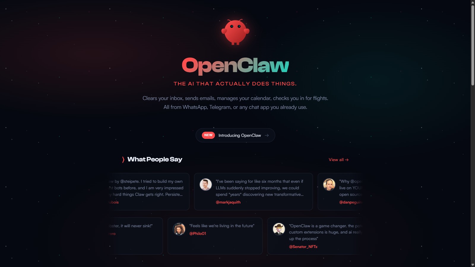 OpenClaw 官方项目页面截图,展示项目介绍与用户评价