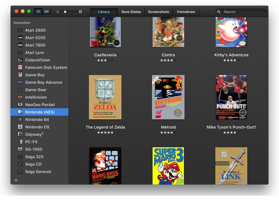 OpenEmu 的 NES(FC)游戏库界面,封面按机种自动归类