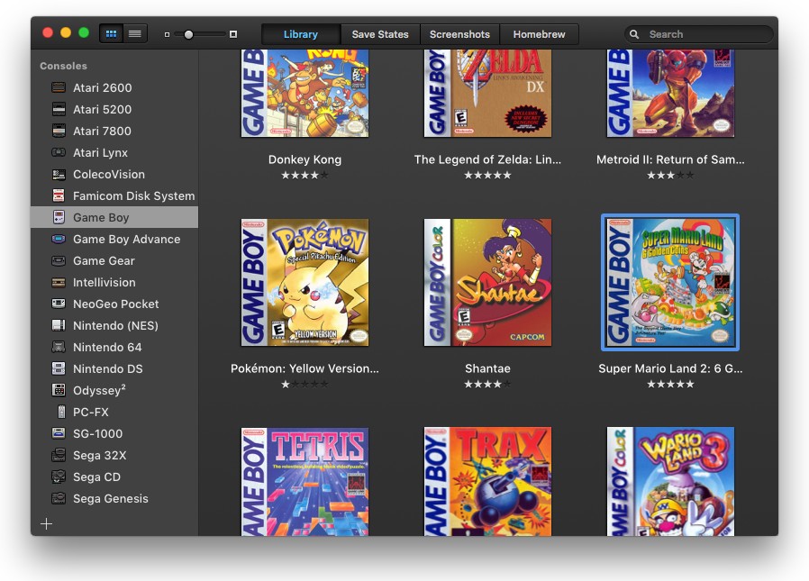 OpenEmu 的 Game Boy 游戏库界面,显示已导入的游戏封面