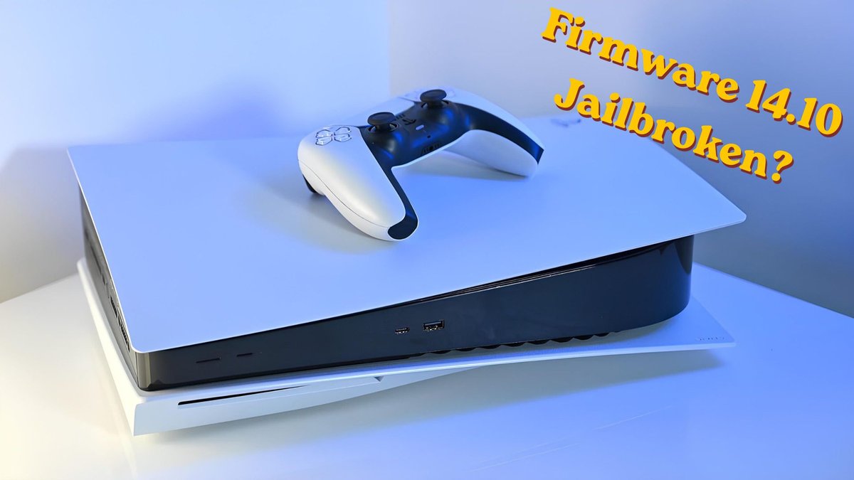 PS5 主机与手柄,叠加 Firmware 14.10 Jailbroken 字样
