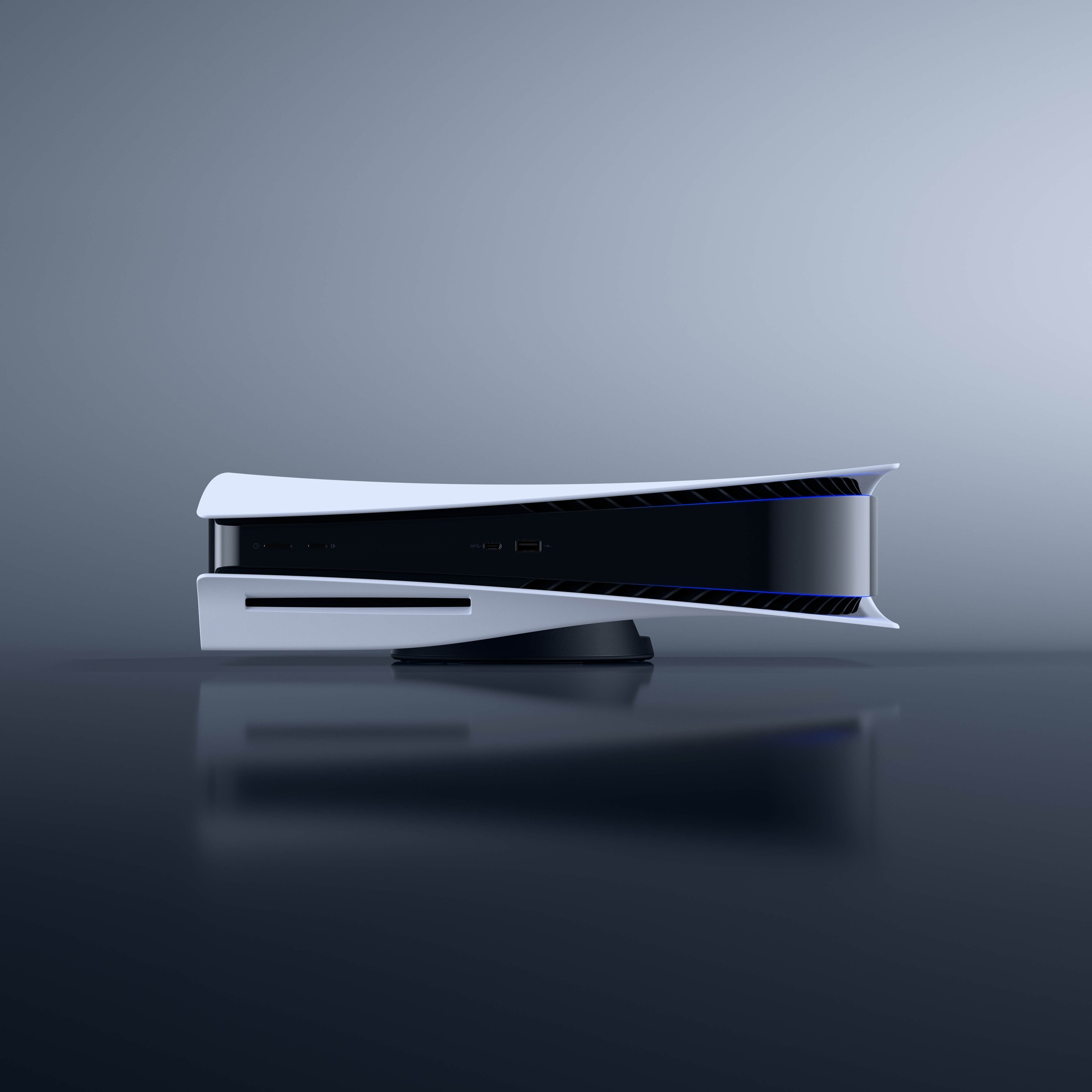 PS5 主机横置暗色背景实拍图