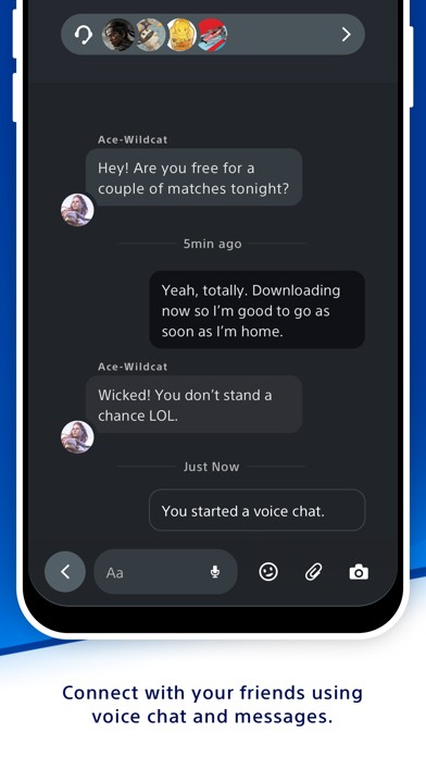 PlayStation App 里的派对聊天界面,显示语音与文字消息