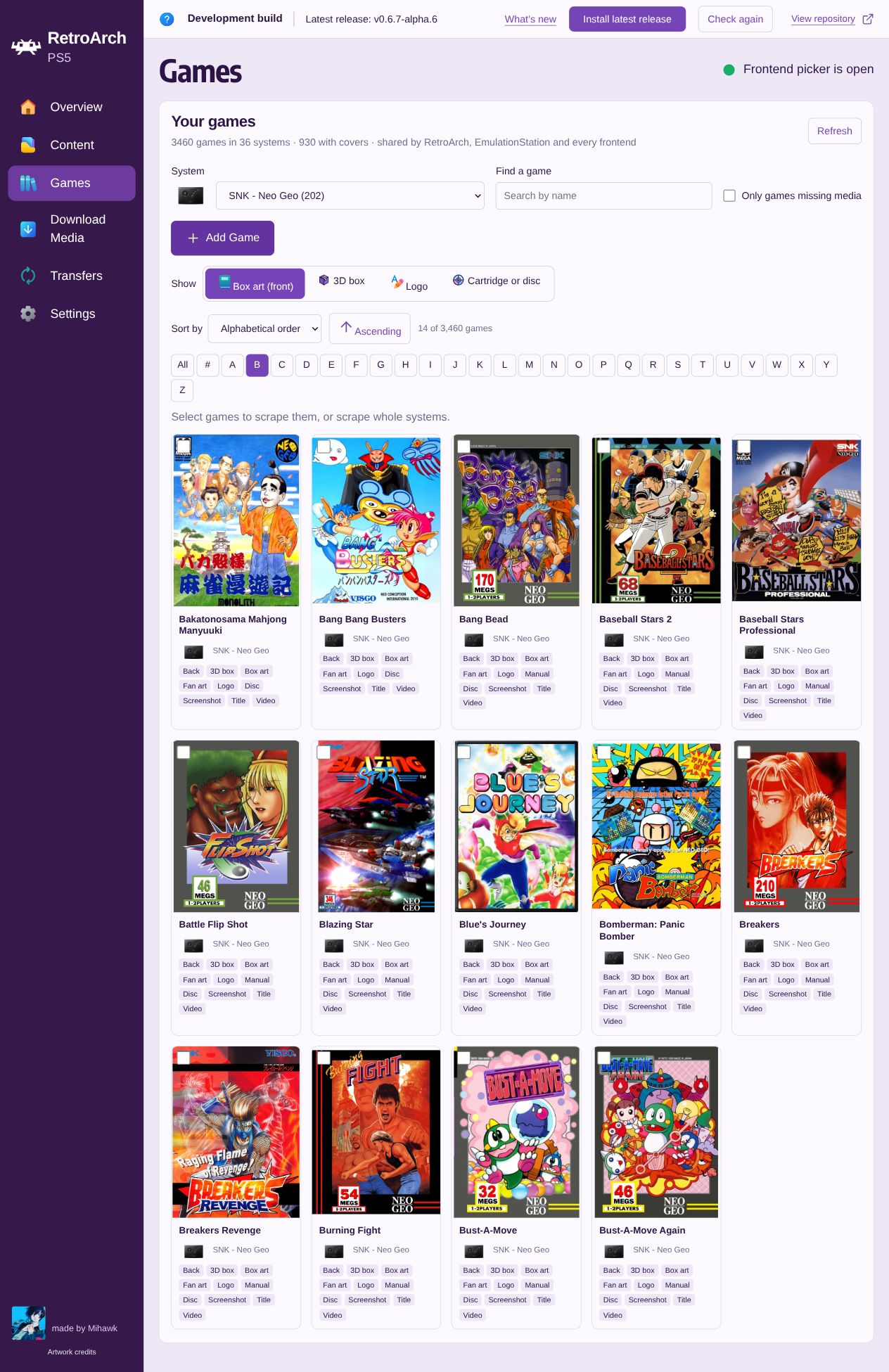 PS5 版 RetroArch 内置 WebUI 的游戏库页面,展示 Neo Geo 游戏封面