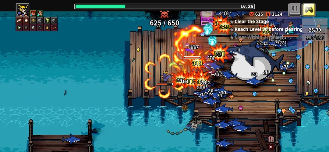 River City Survivors 码头关卡鲨鱼群战斗画面