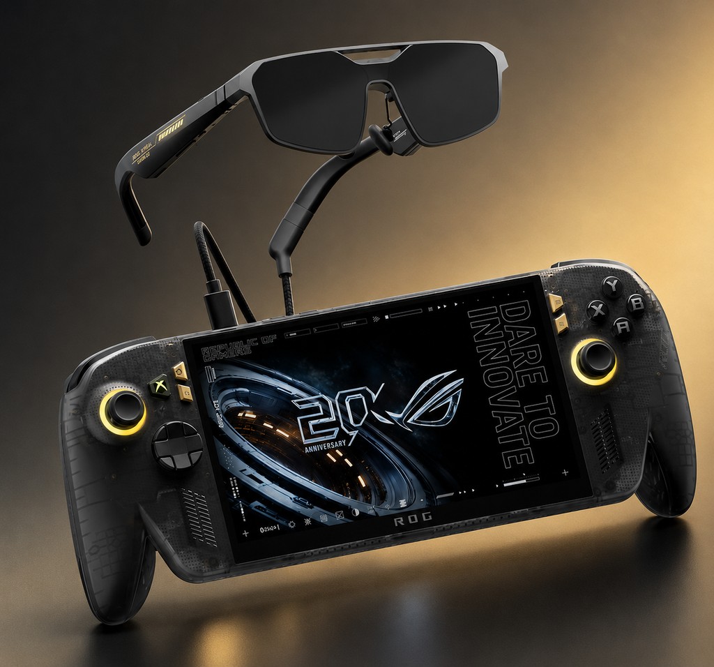 ROG Xbox Ally X20 黑透金机身与 AR 眼镜