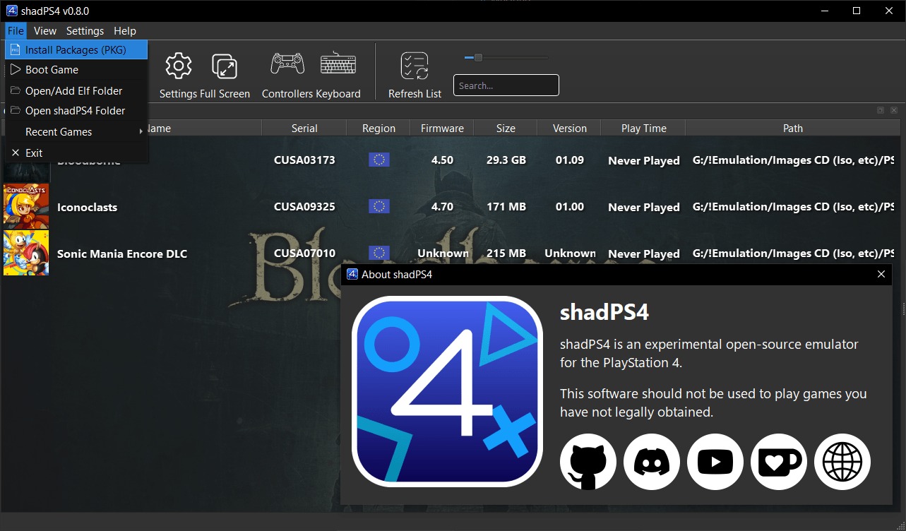 shadPS4 0.8.0 时代的内置图形界面,File 菜单含 Install Packages 安装入口