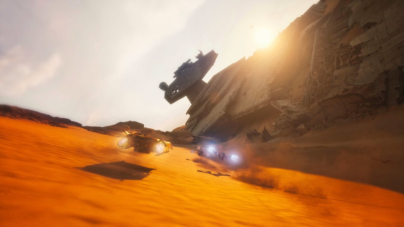 Jakku 沙漠赛道两台陆行飞车竞速,背景坠毁歼星舰残骸