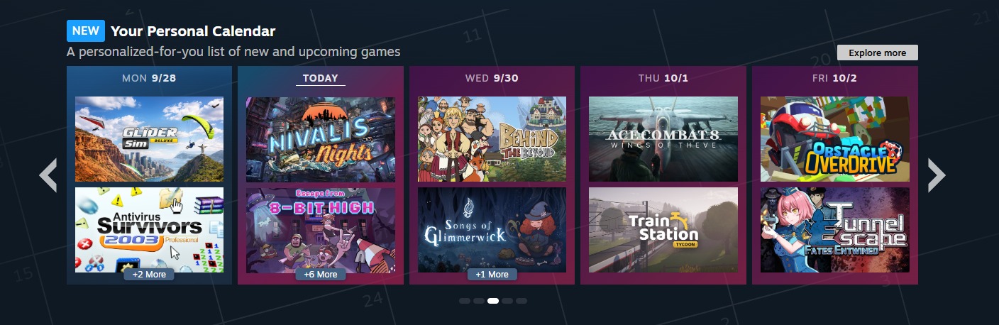 Steam 商店首页的个人日历推荐行,按日期分栏展示新游