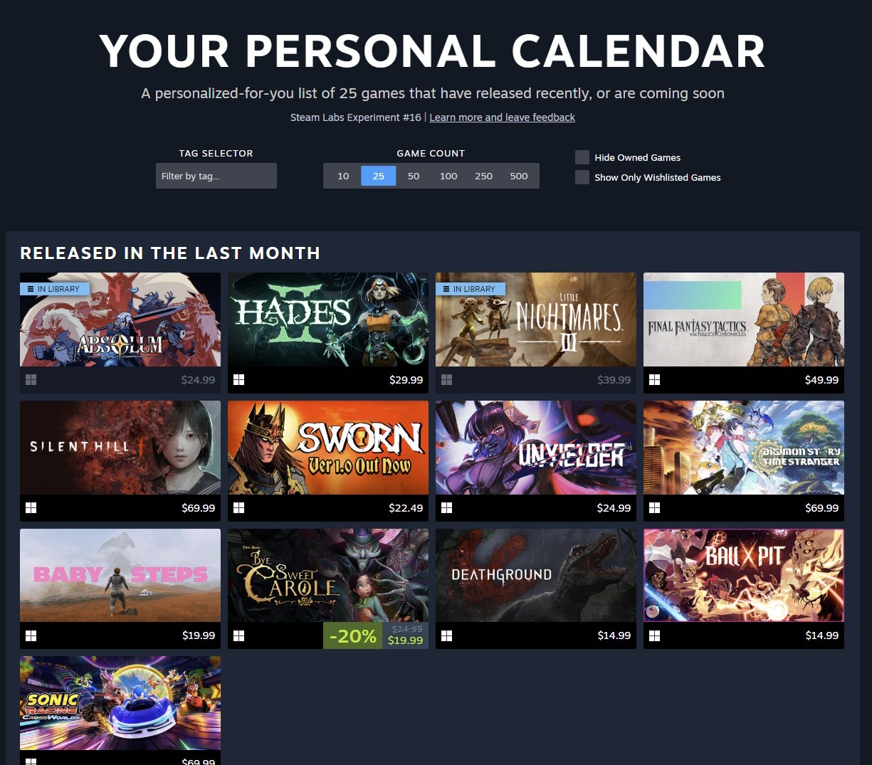 Steam 个人日历设置页,含标签选择器和游戏数量档位