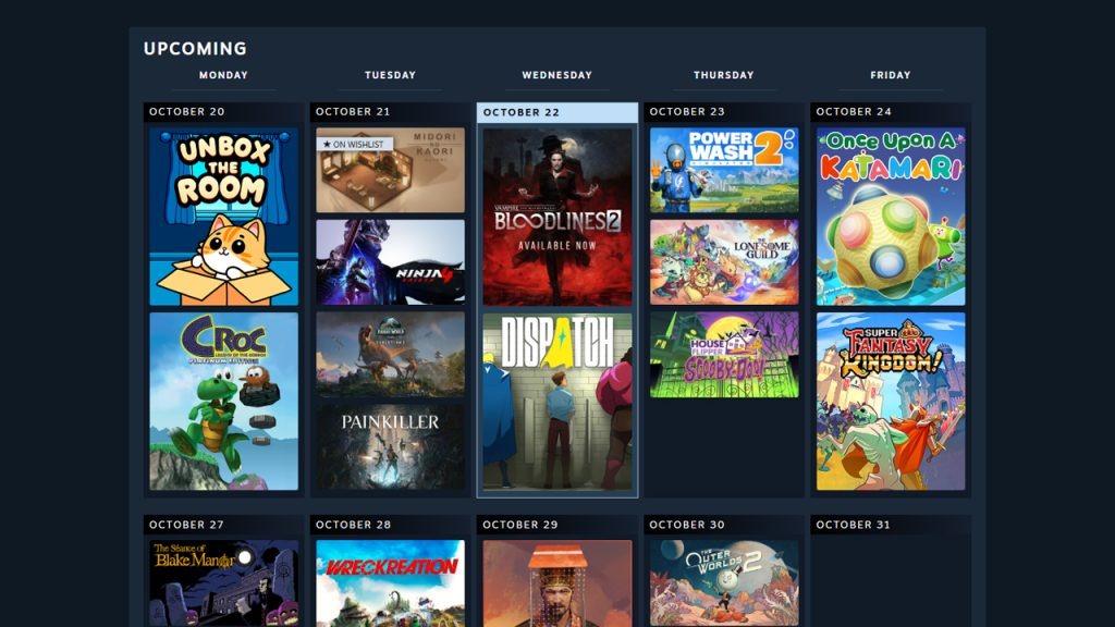 Steam 个人日历的即将发售视图,两周新游按日期排布
