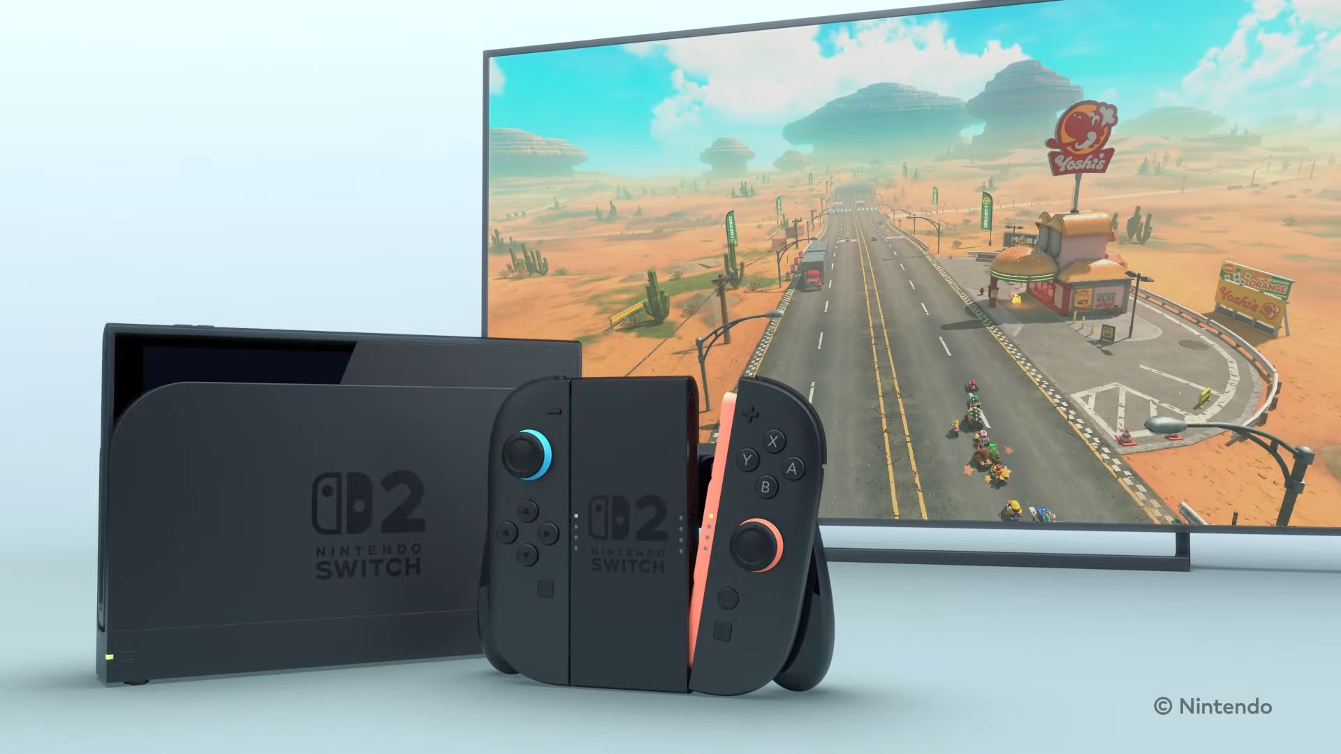 Switch 2 主机连接电视的官方图,展示 TV 底座模式