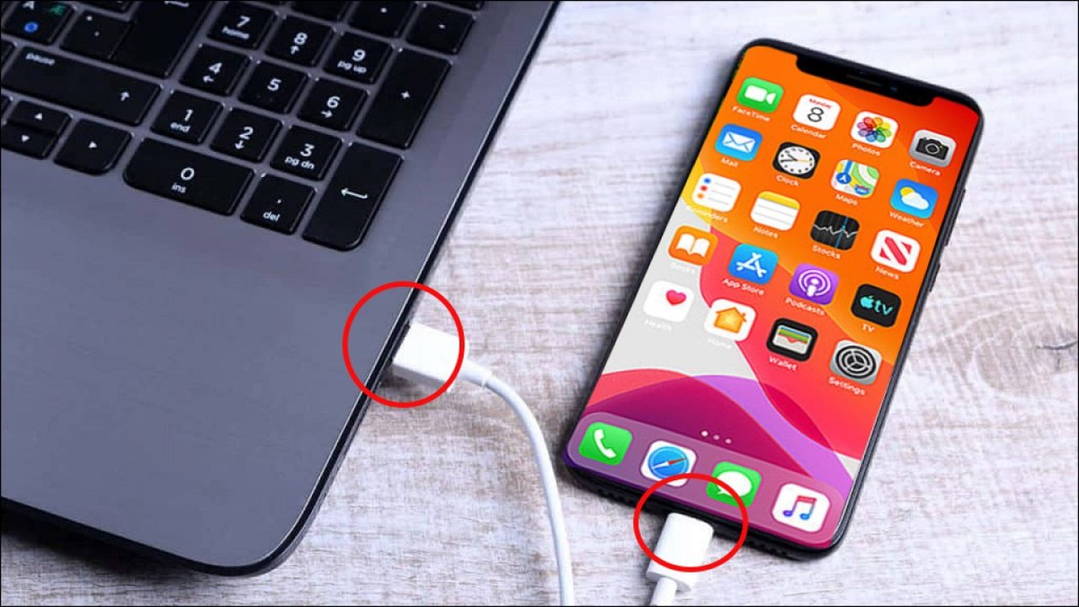 iPhone 通过数据线连接电脑,接口位置已圈出