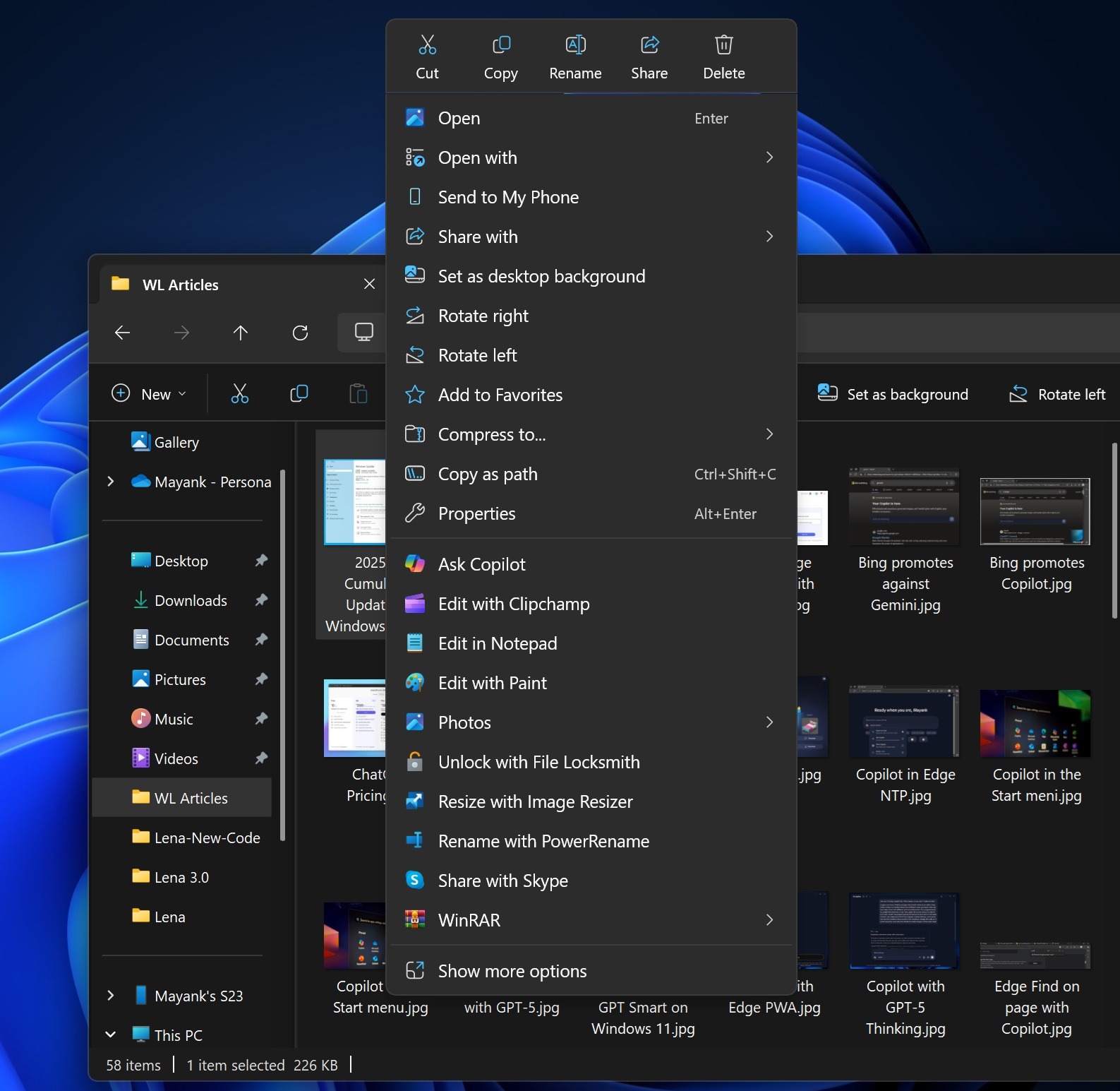 Windows 11 全新右键菜单与图标工具栏截图