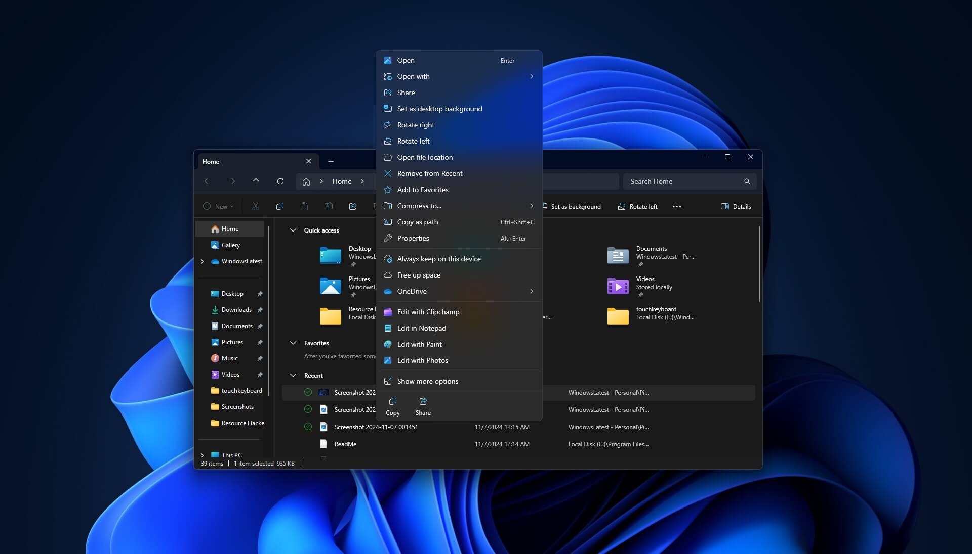 Windows 11 文件资源管理器右键菜单演示截图